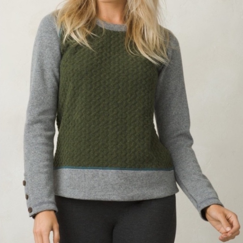 Prana Aya Sweater Wool Blend Cable Knit‎ Button Detail Green Grey XS